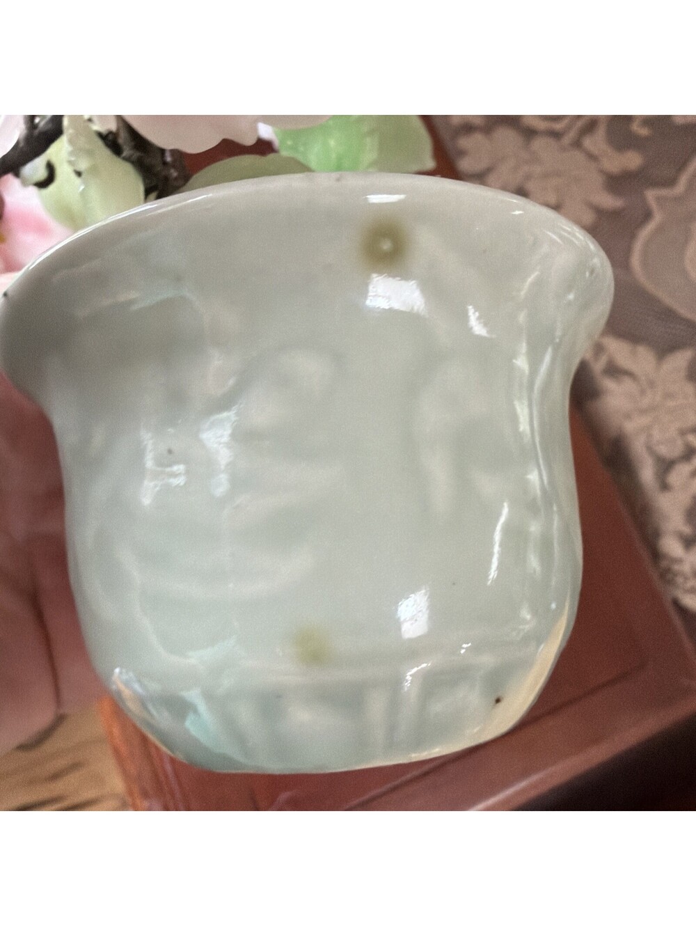 Vintage Chinese Jade Glass Bonsai Tree Pink Cherry Blossom 8” Flower Celadon Pot - Picture 8 of 10